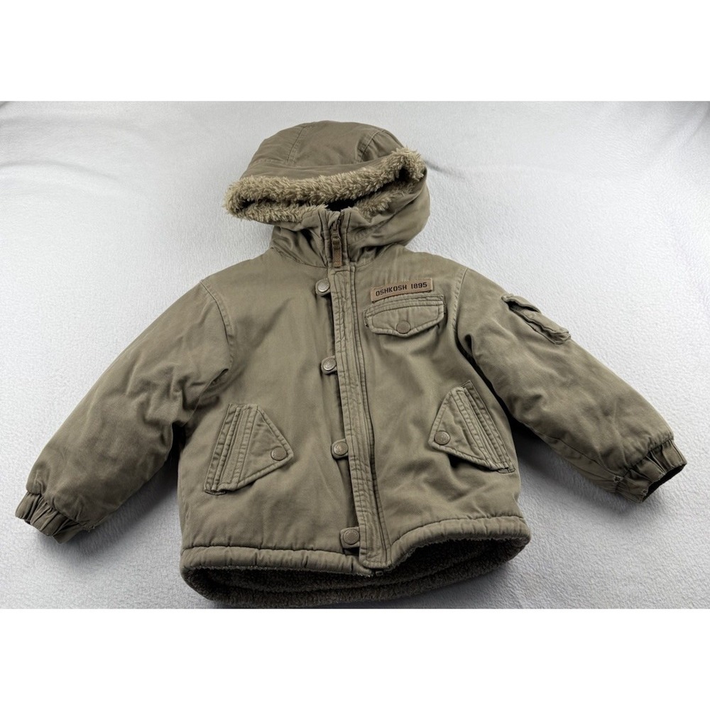 Oshkosh B'gosh Boys 6 Utility Field Jacket Military Style Khaki Hooded Sherpa